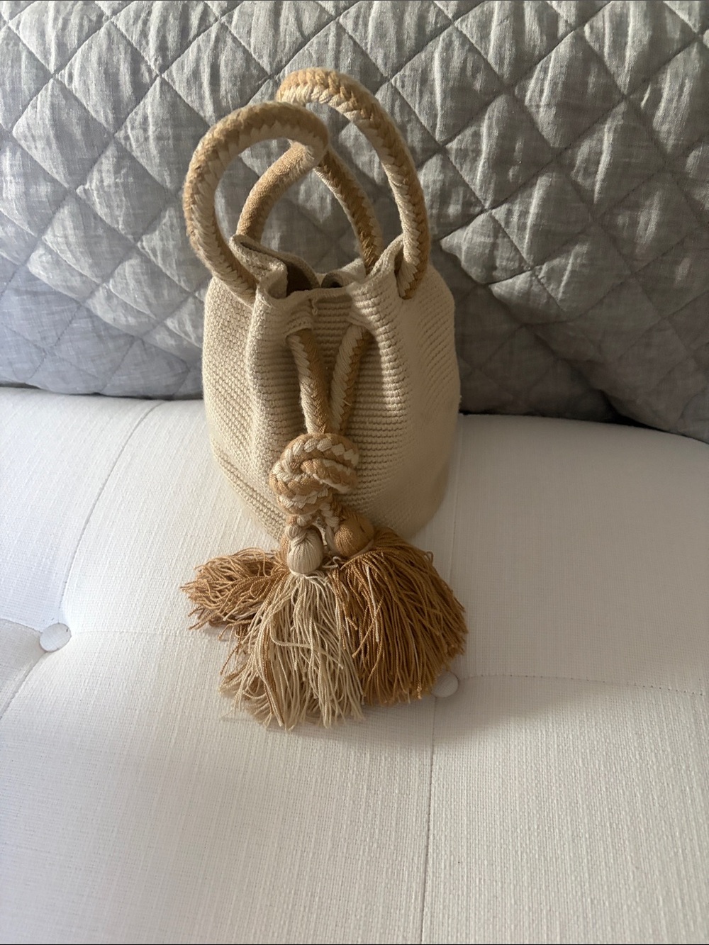 Cream Knotted Tassel Mini Bag with Rope Handles